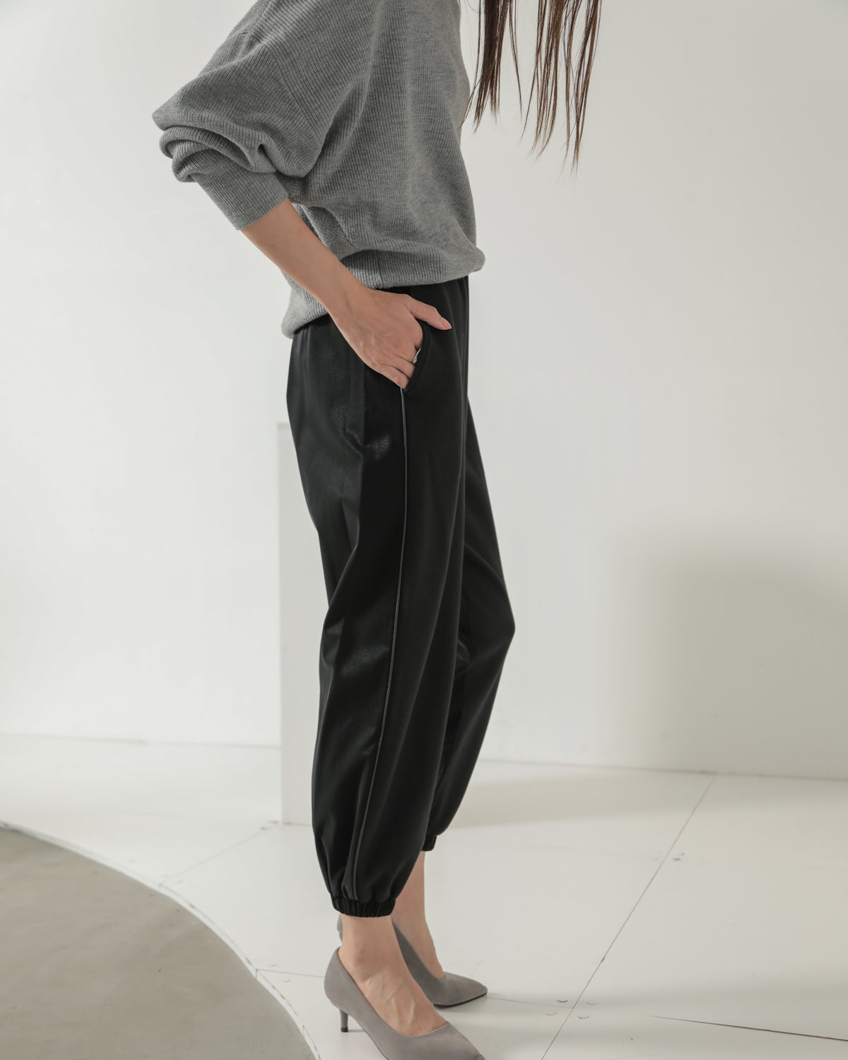 fleece fleece x synthetic leather jogger pants