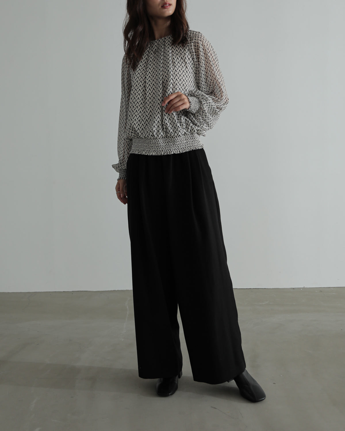 shirred printed hem blouse