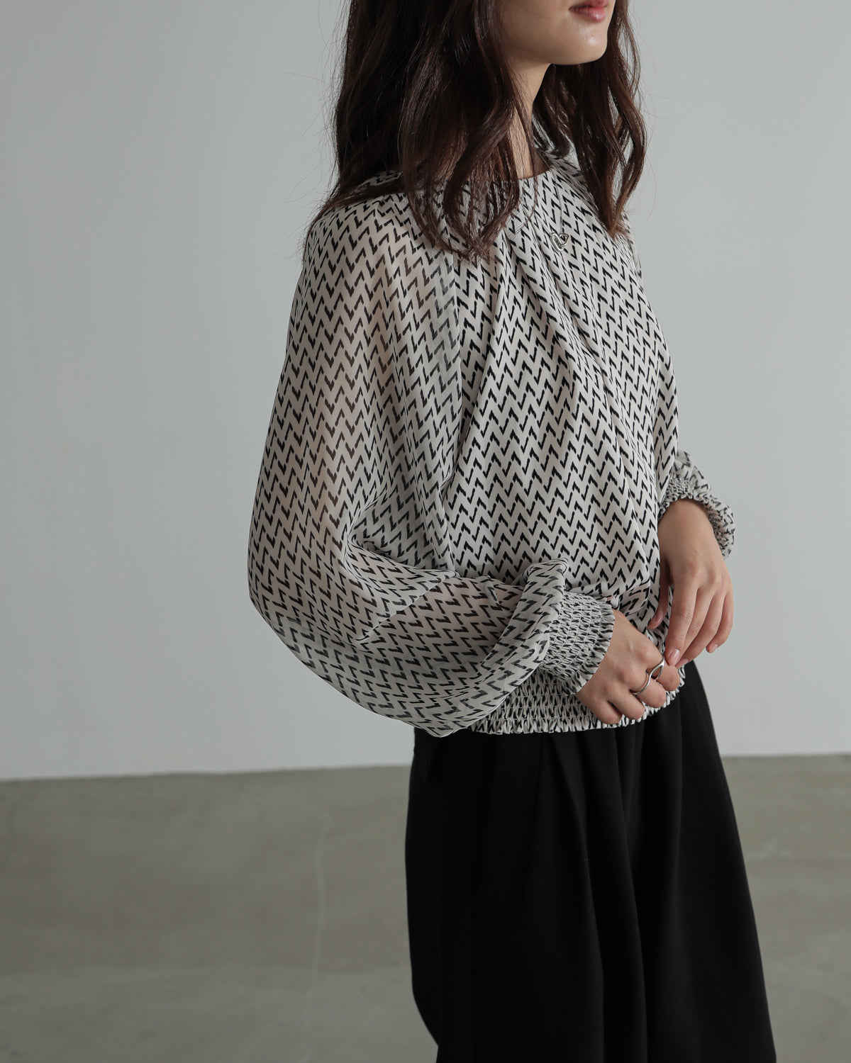 shirred printed hem blouse