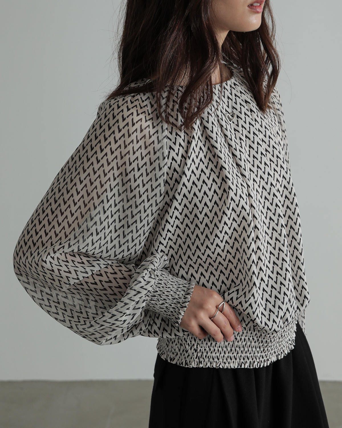 shirred printed hem blouse