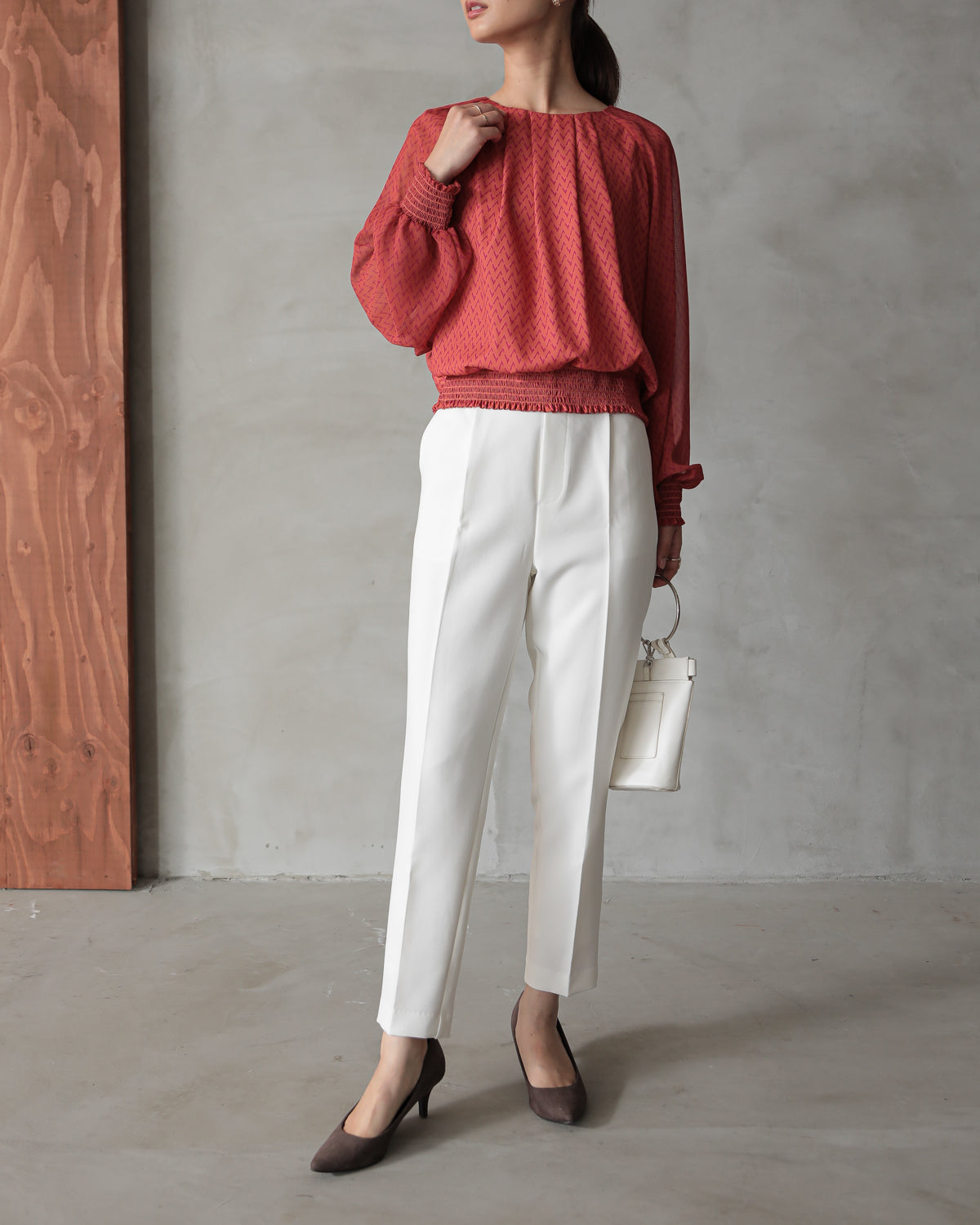 shirred printed hem blouse