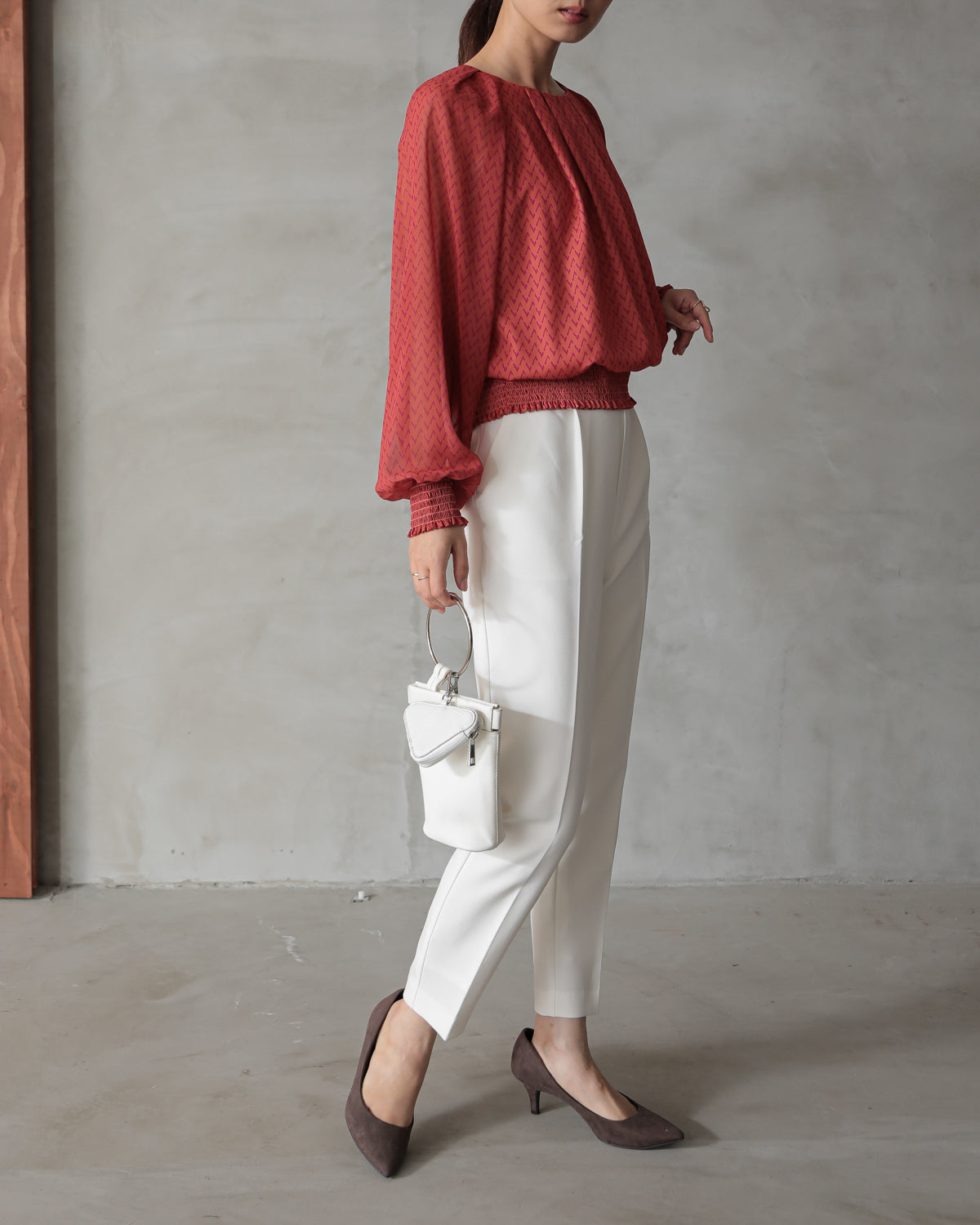 shirred printed hem blouse