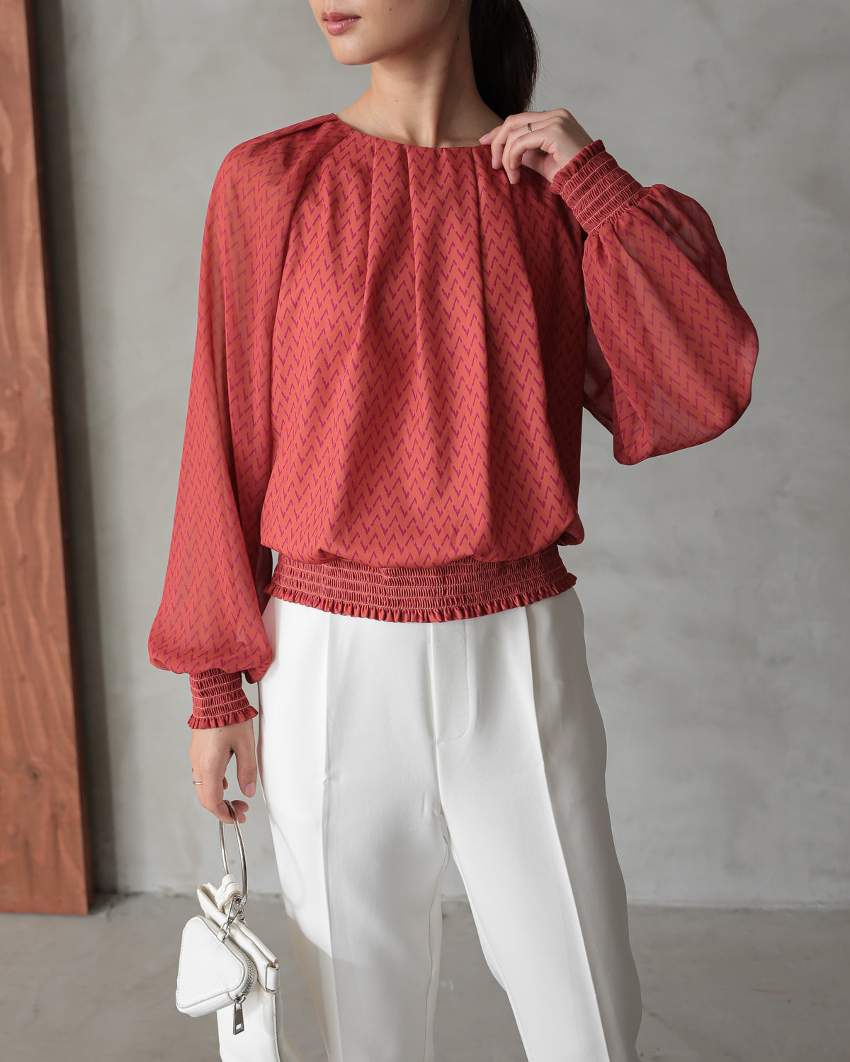 shirred printed hem blouse