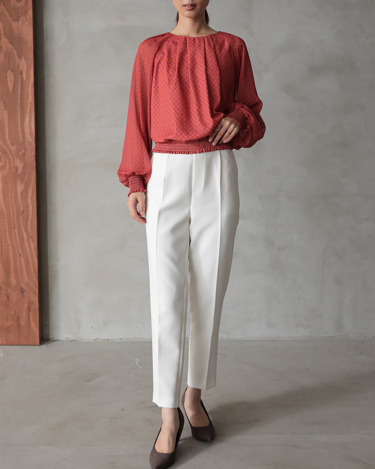 shirred printed hem blouse