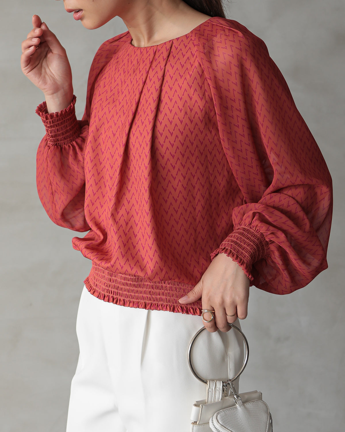 shirred printed hem blouse