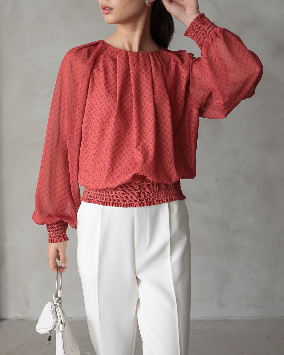 shirred printed hem blouse