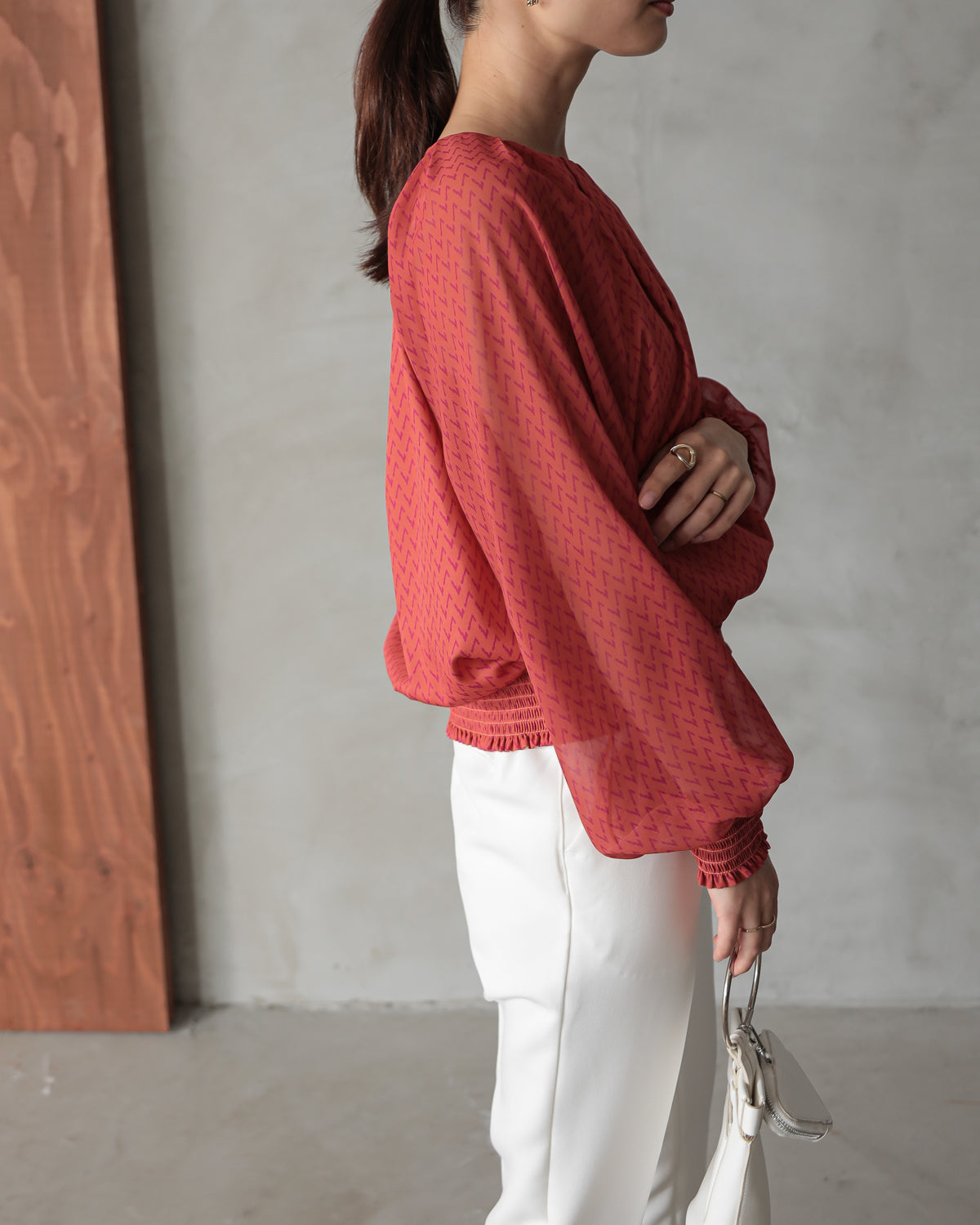 shirred printed hem blouse