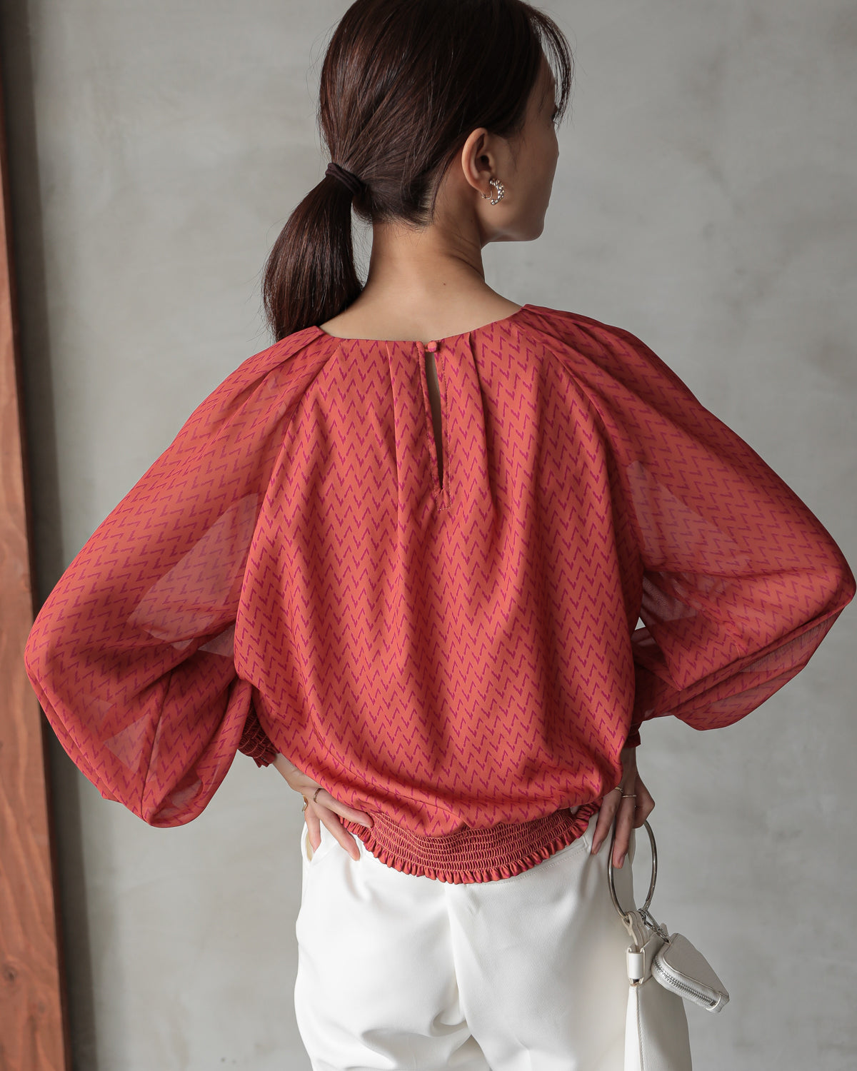 shirred printed hem blouse