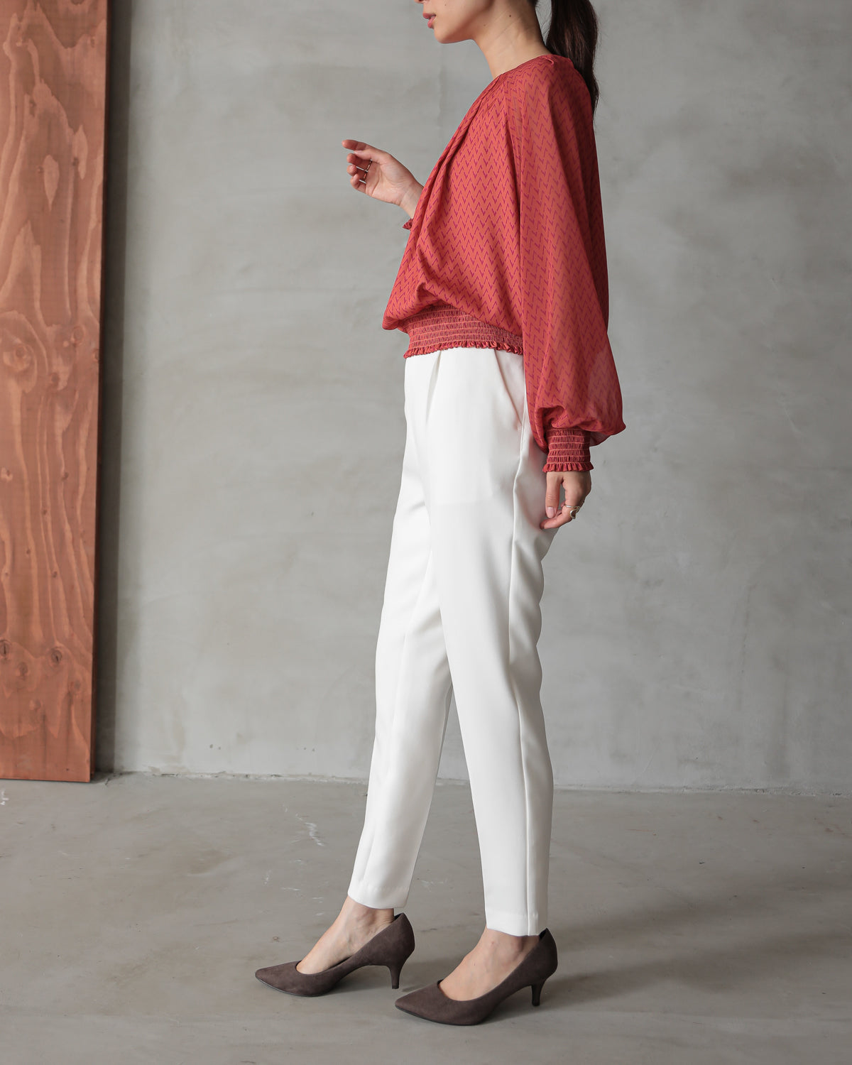 shirred printed hem blouse