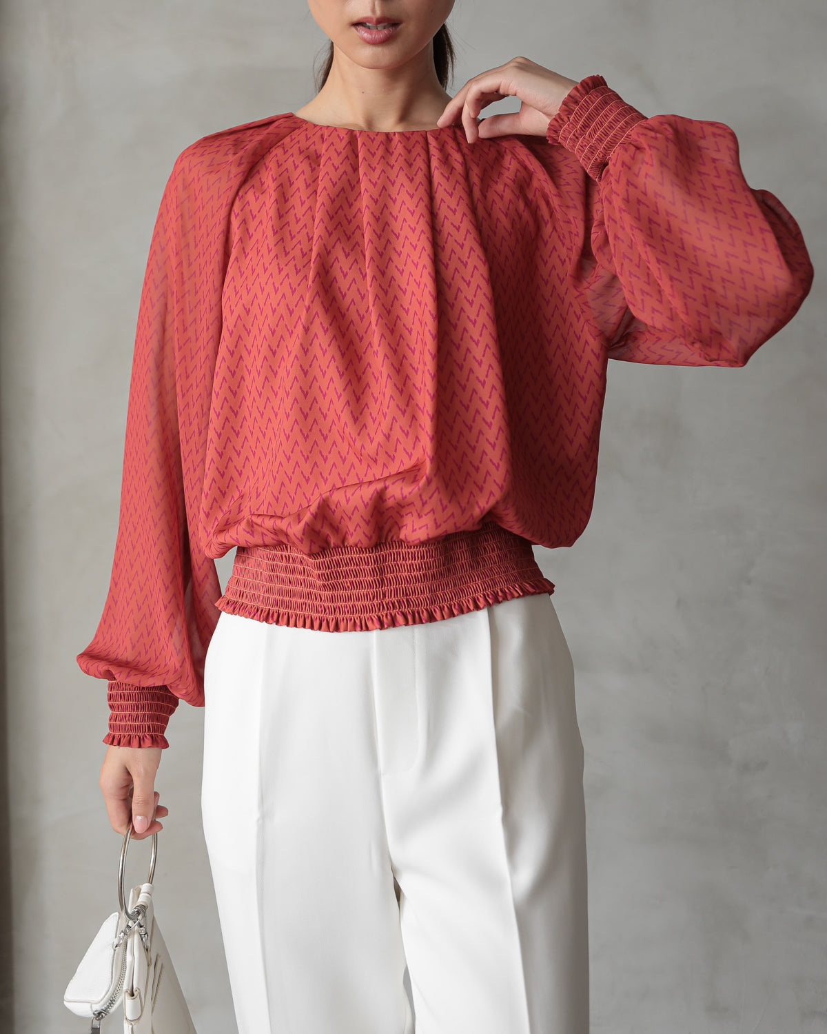 shirred printed hem blouse