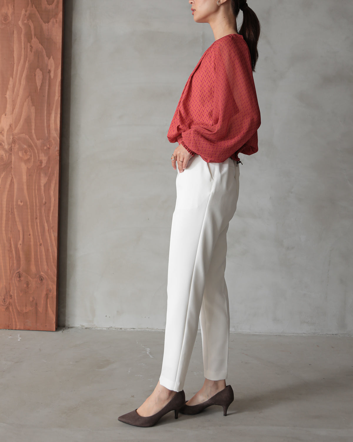 shirred printed hem blouse