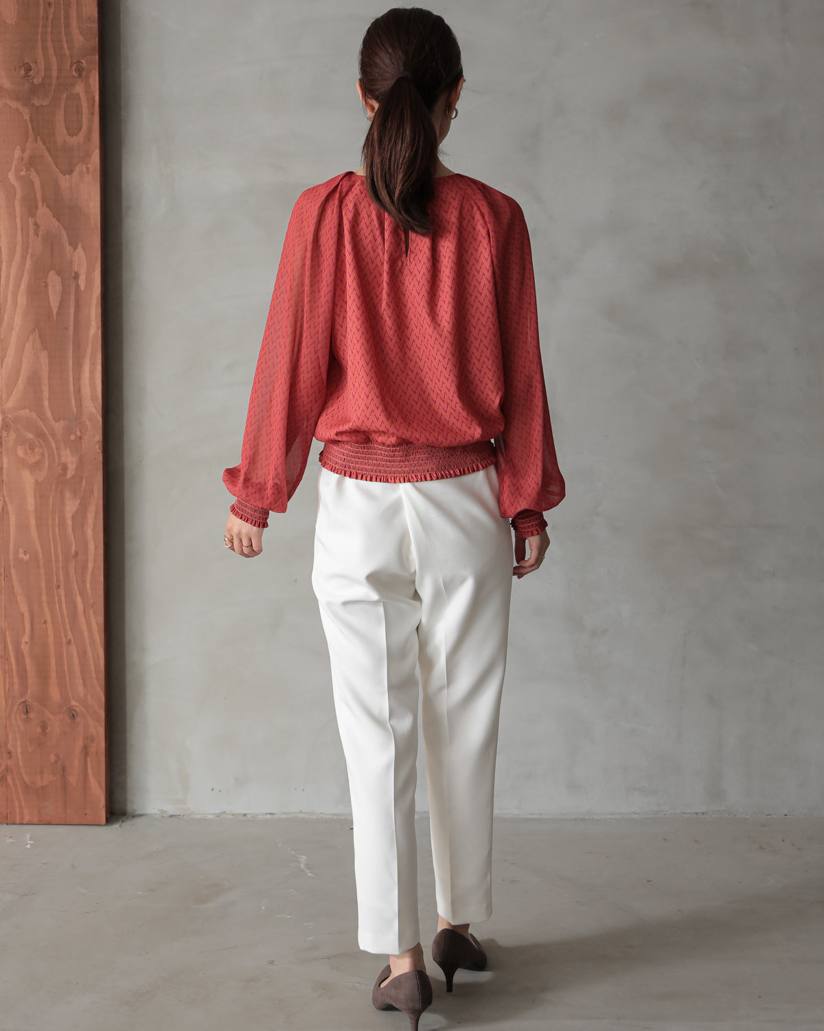 shirred printed hem blouse