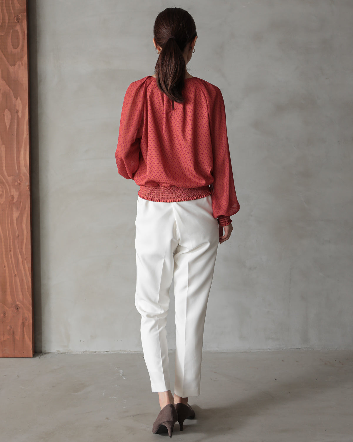 shirred printed hem blouse