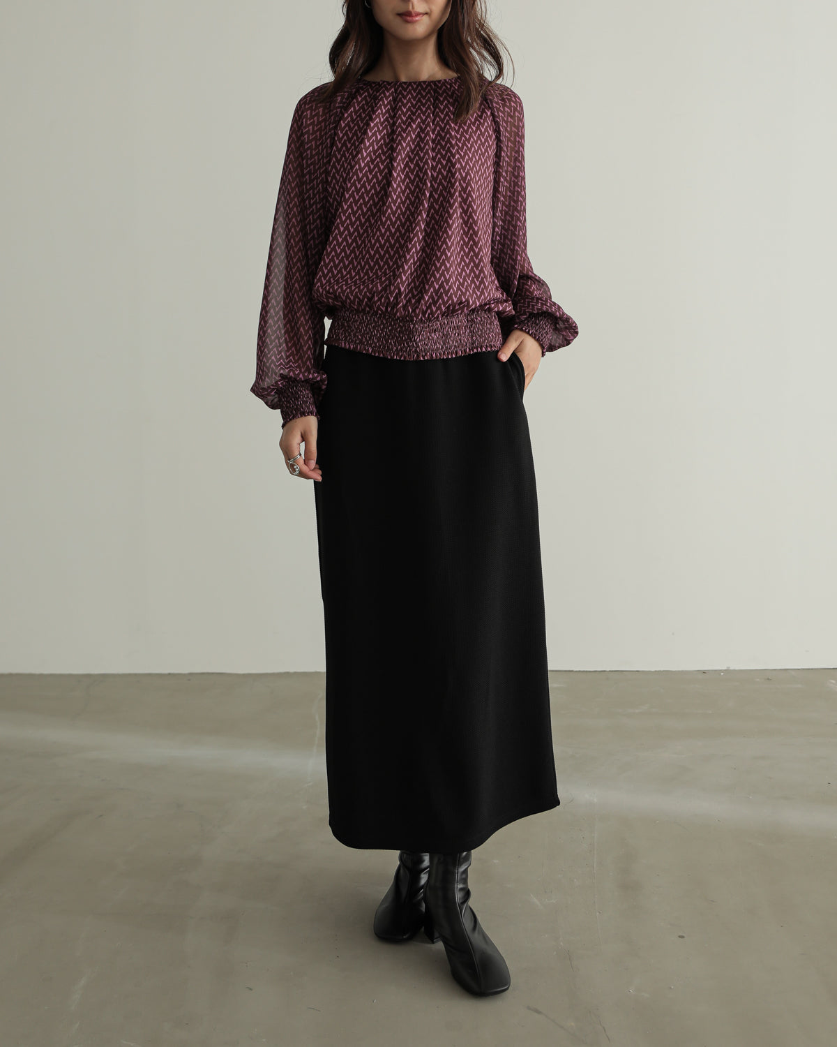 shirred printed hem blouse
