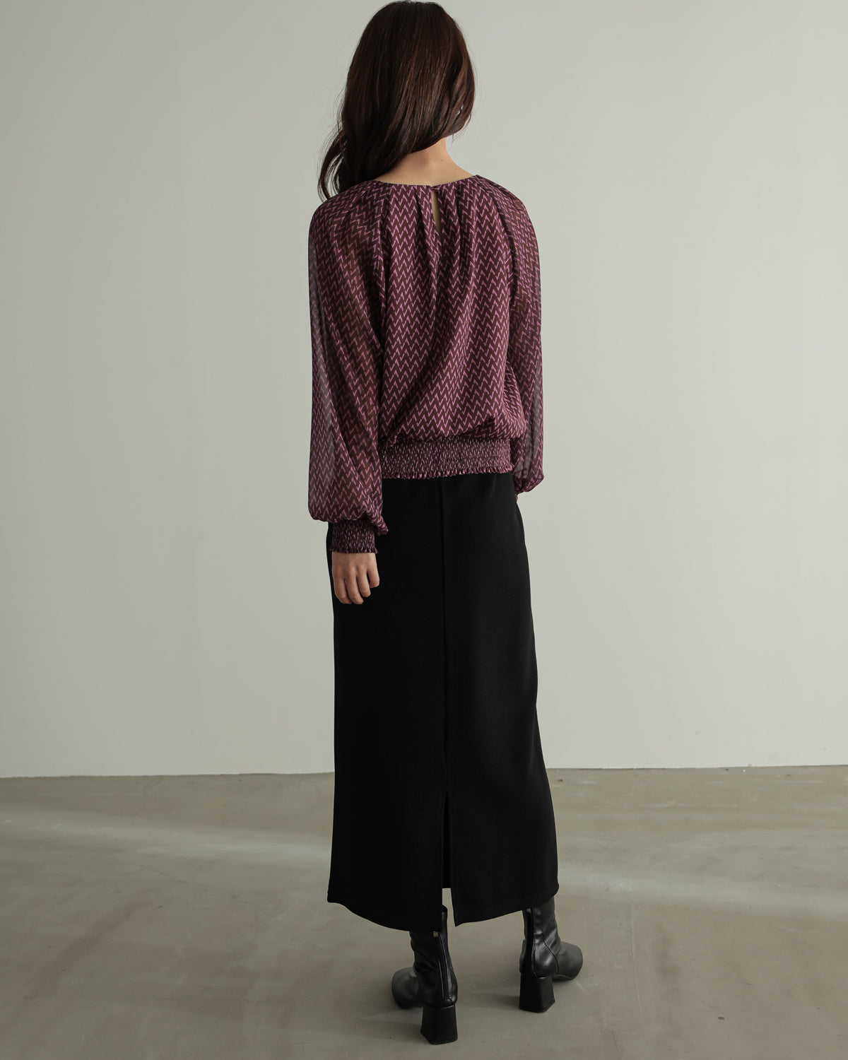 shirred printed hem blouse