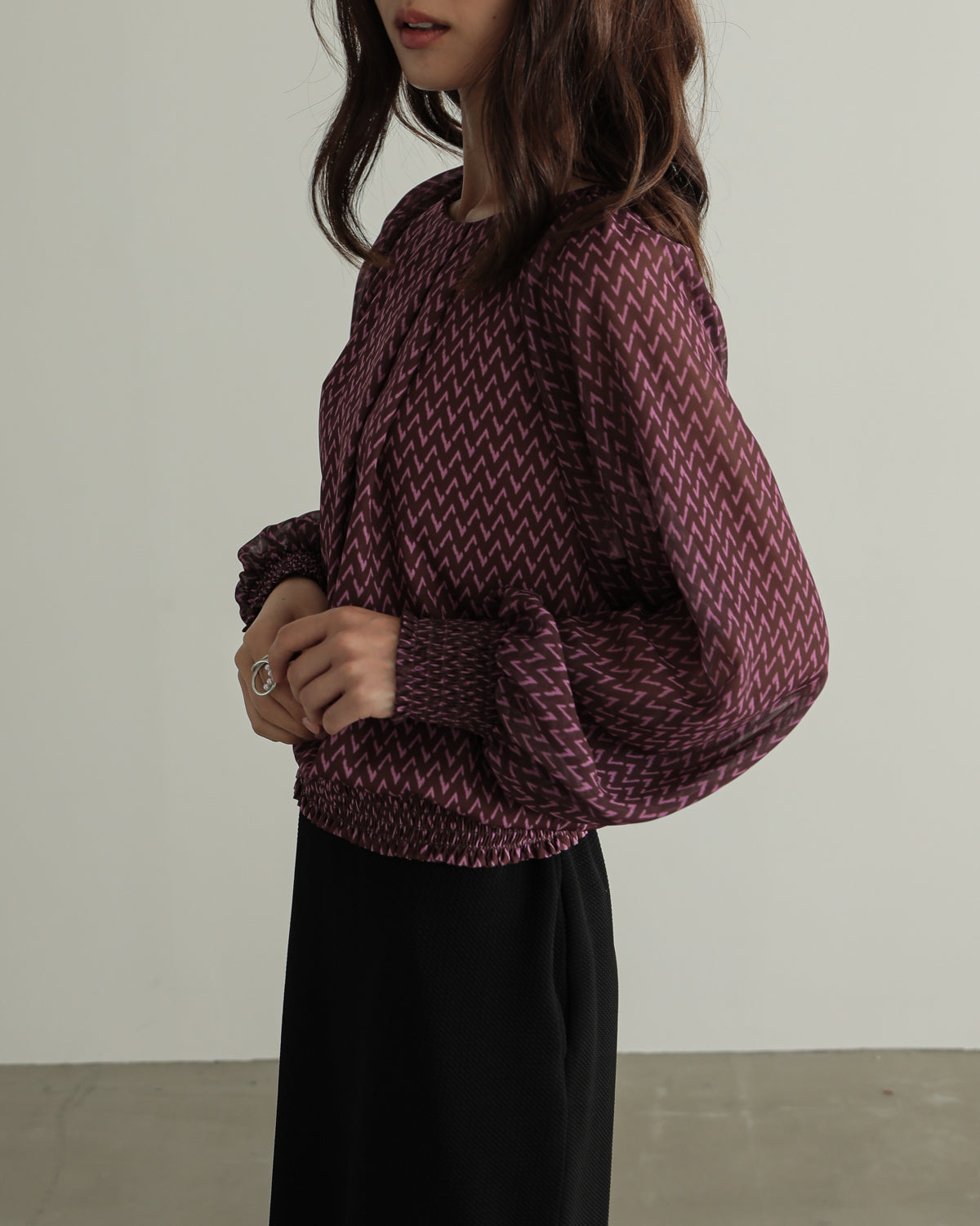 shirred printed hem blouse