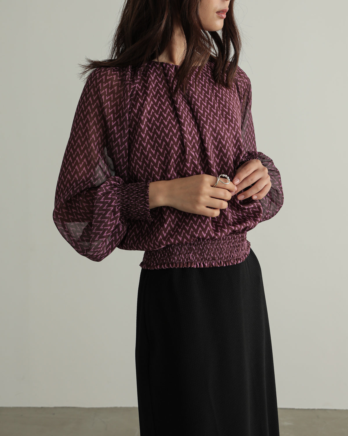 shirred printed hem blouse