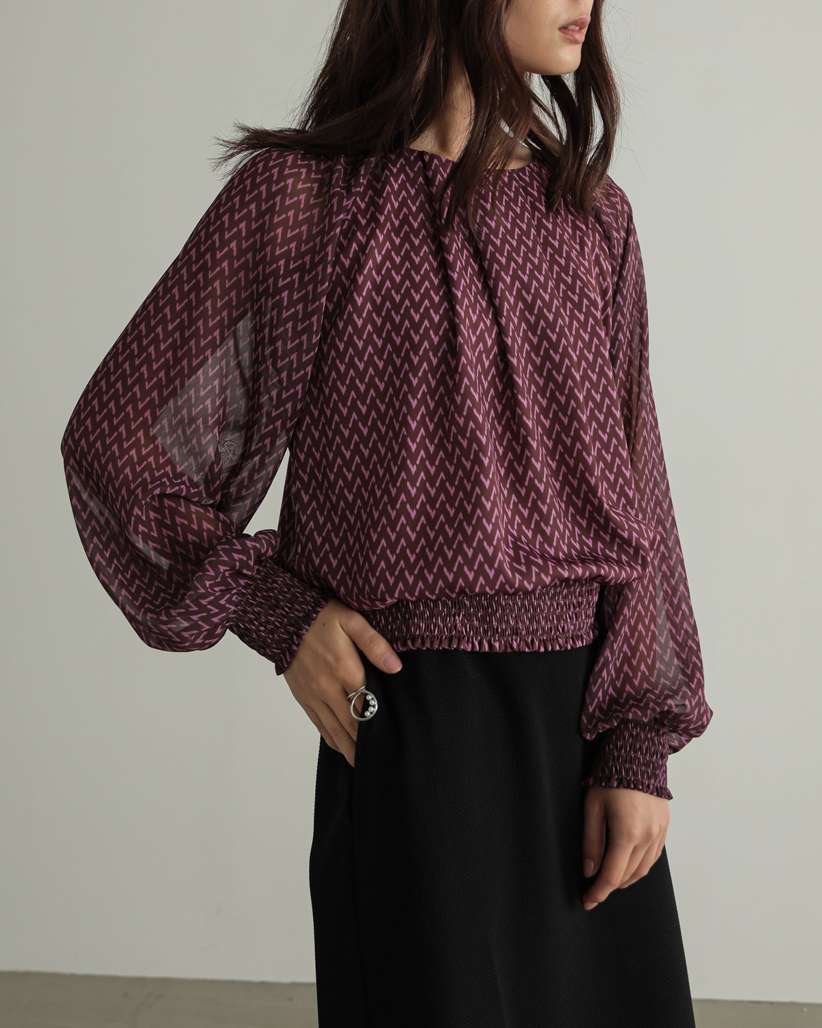 shirred printed hem blouse