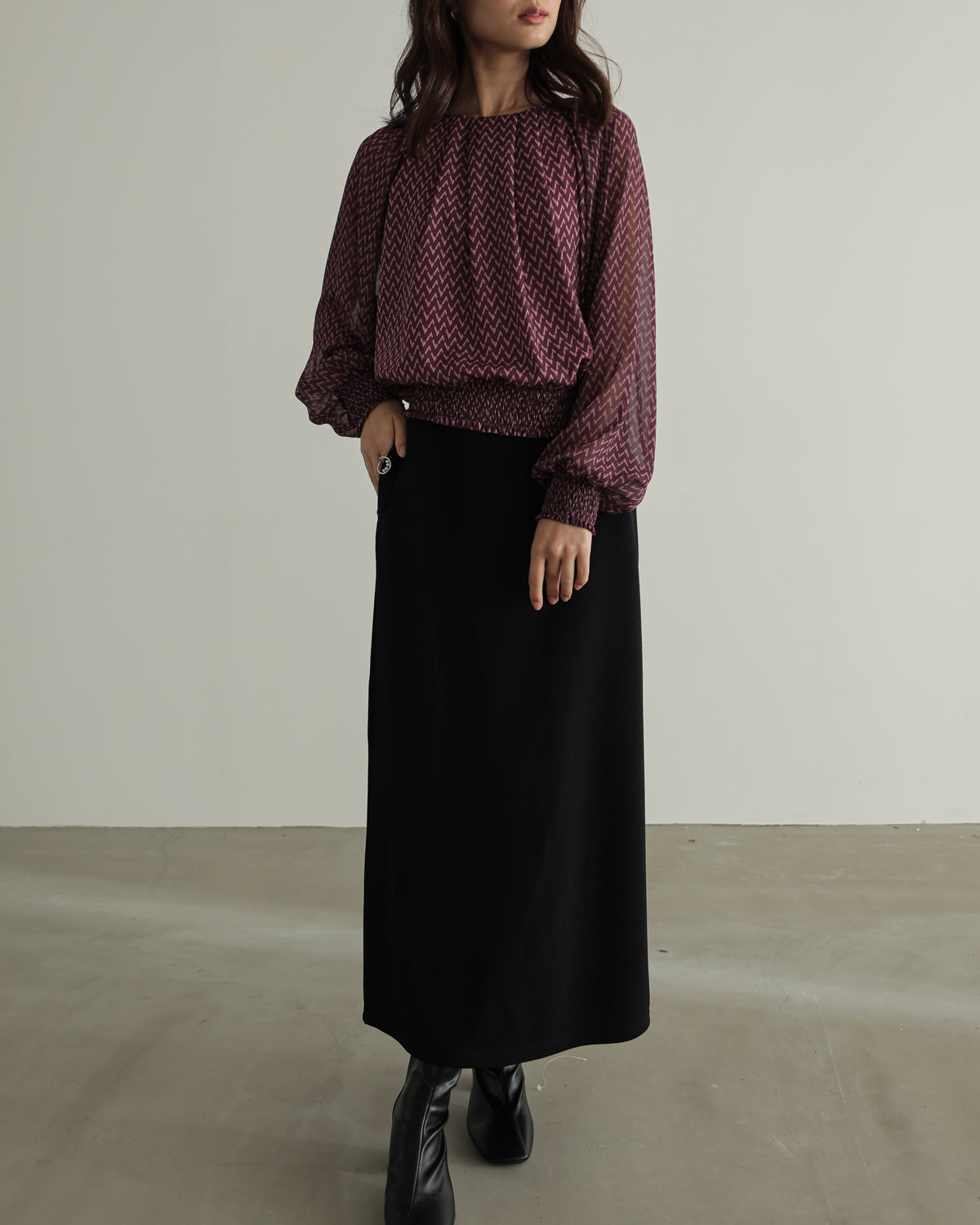 shirred printed hem blouse