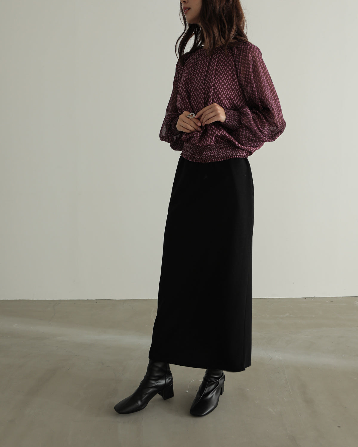 shirred printed hem blouse