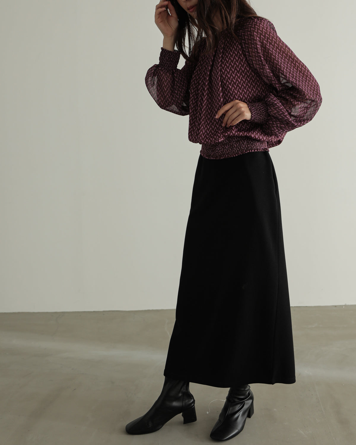 shirred printed hem blouse