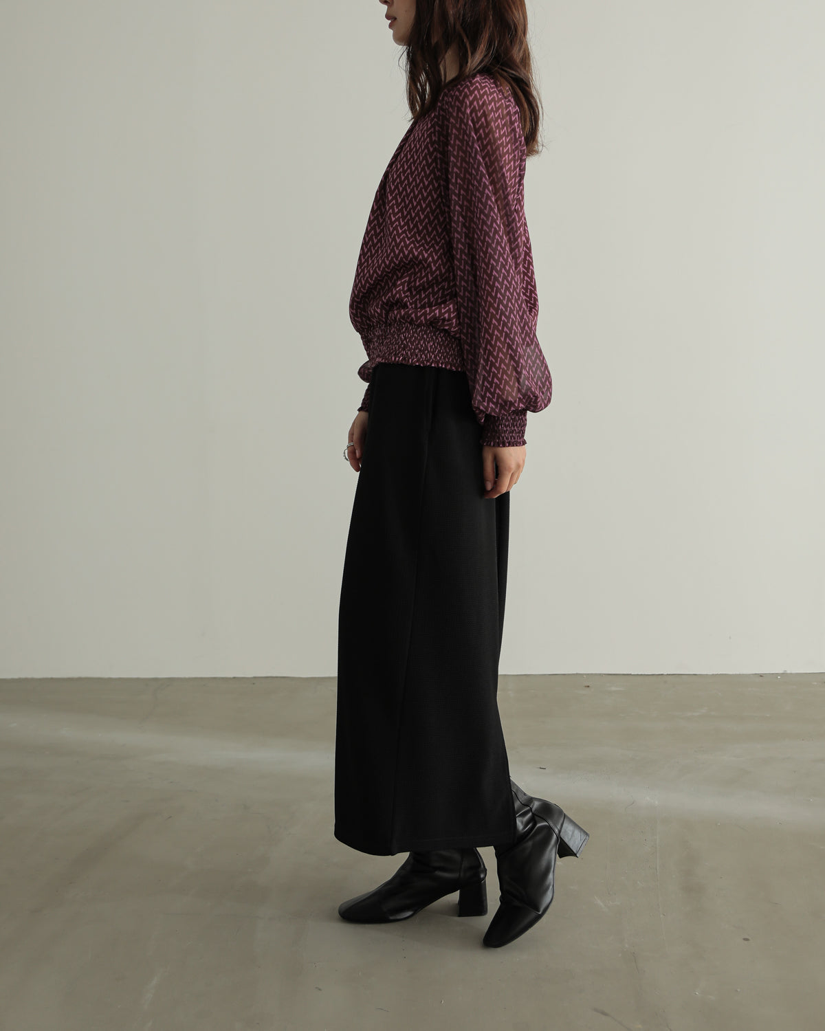 shirred printed hem blouse