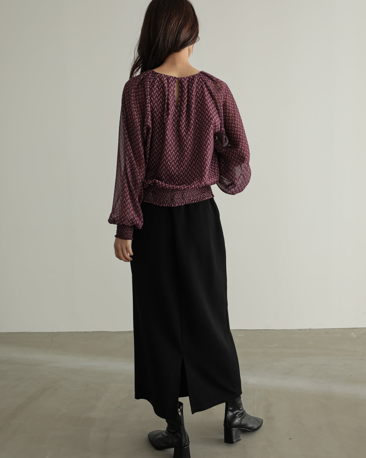 shirred printed hem blouse