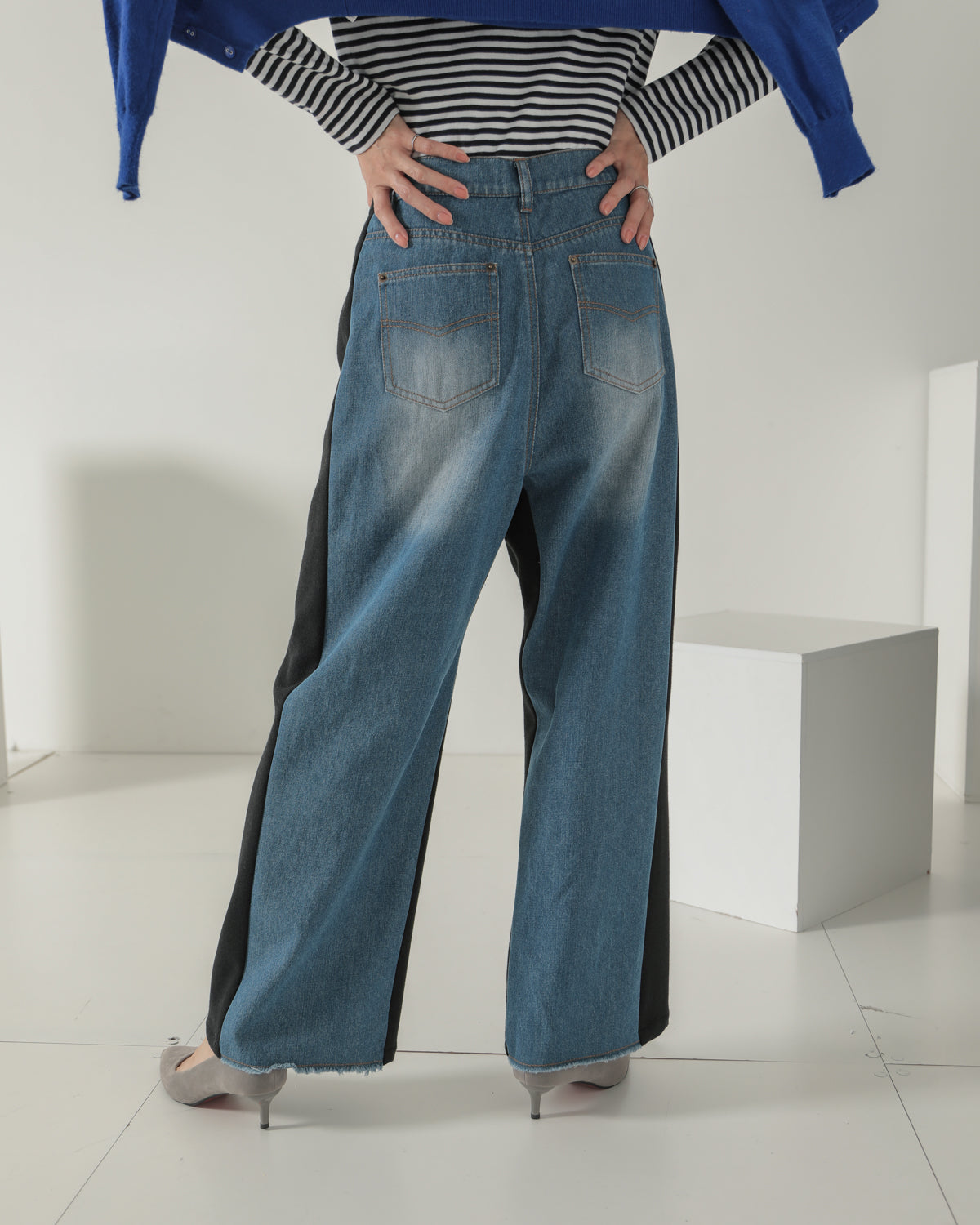 by color Different material denim pants