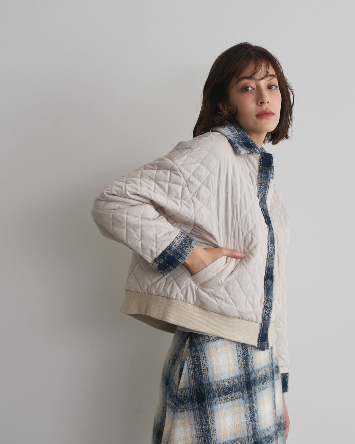quilted collar checked jacket