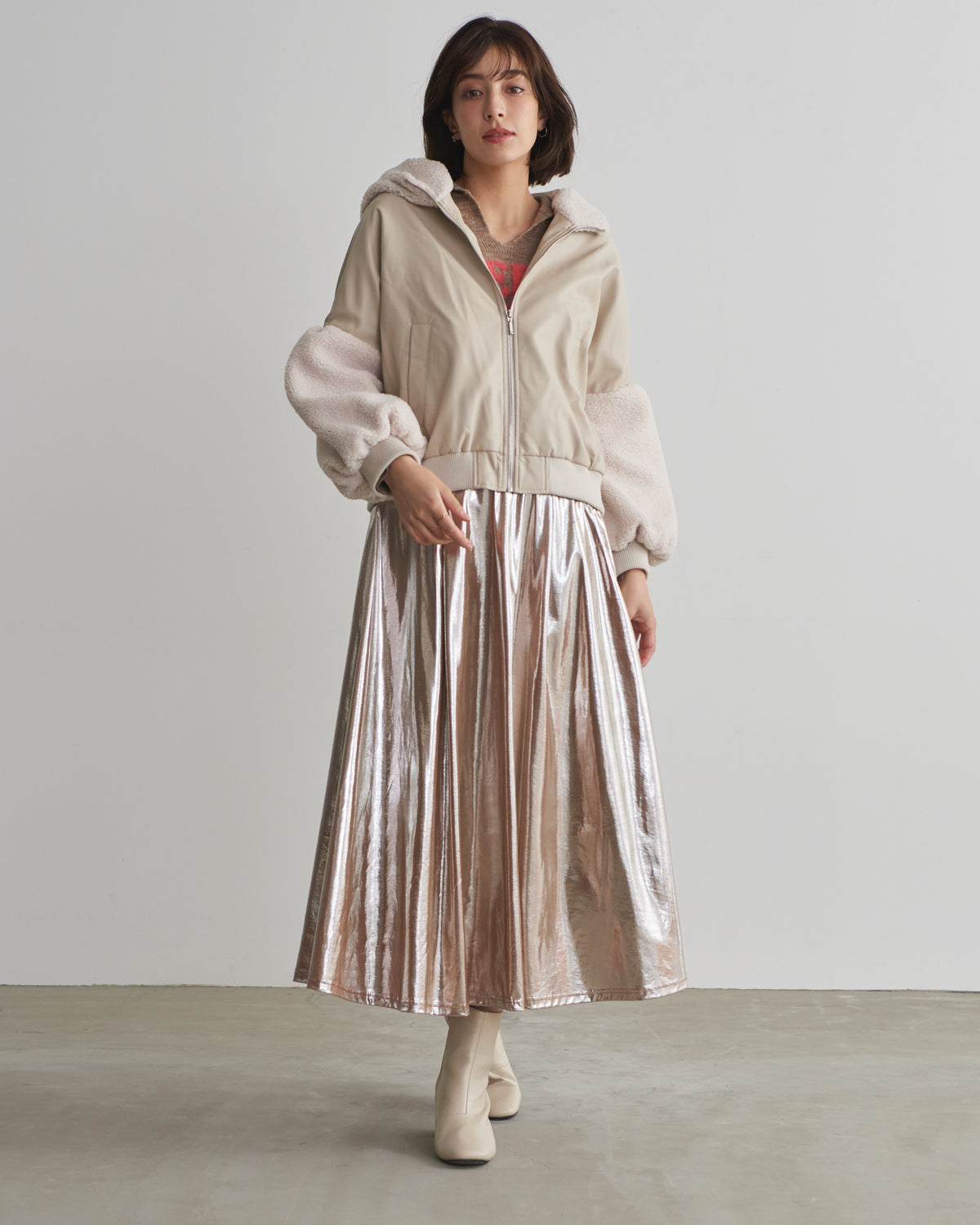 synthetic leather x boa hood jacket