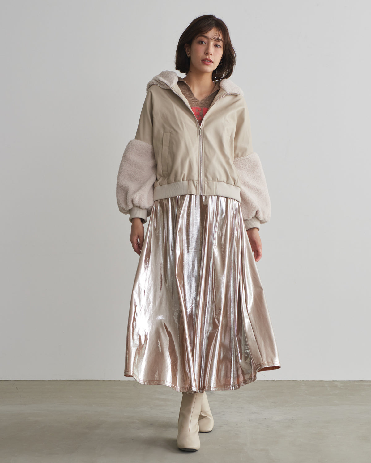 synthetic leather x boa hood jacket