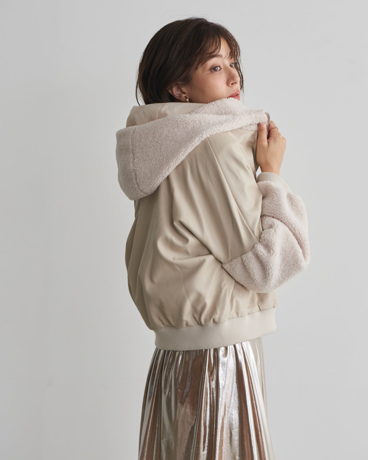 synthetic leather x boa hood jacket