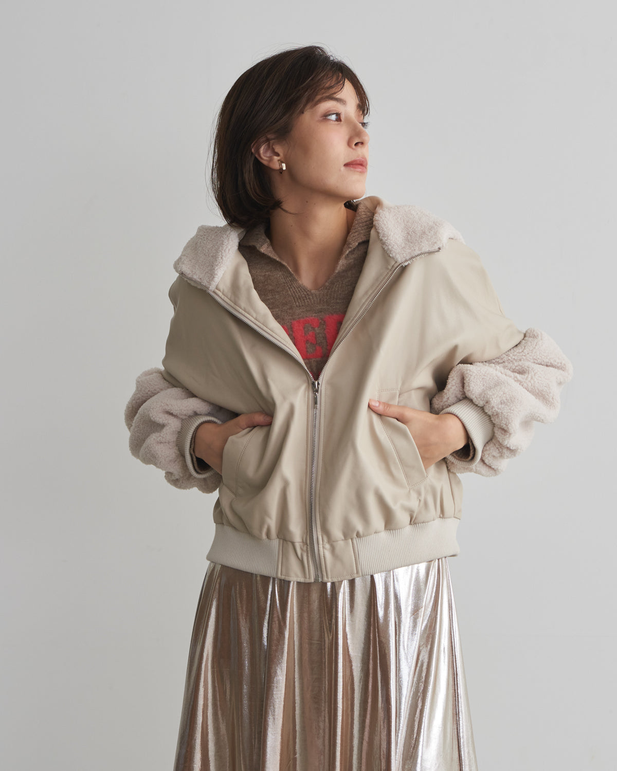 synthetic leather x boa hood jacket