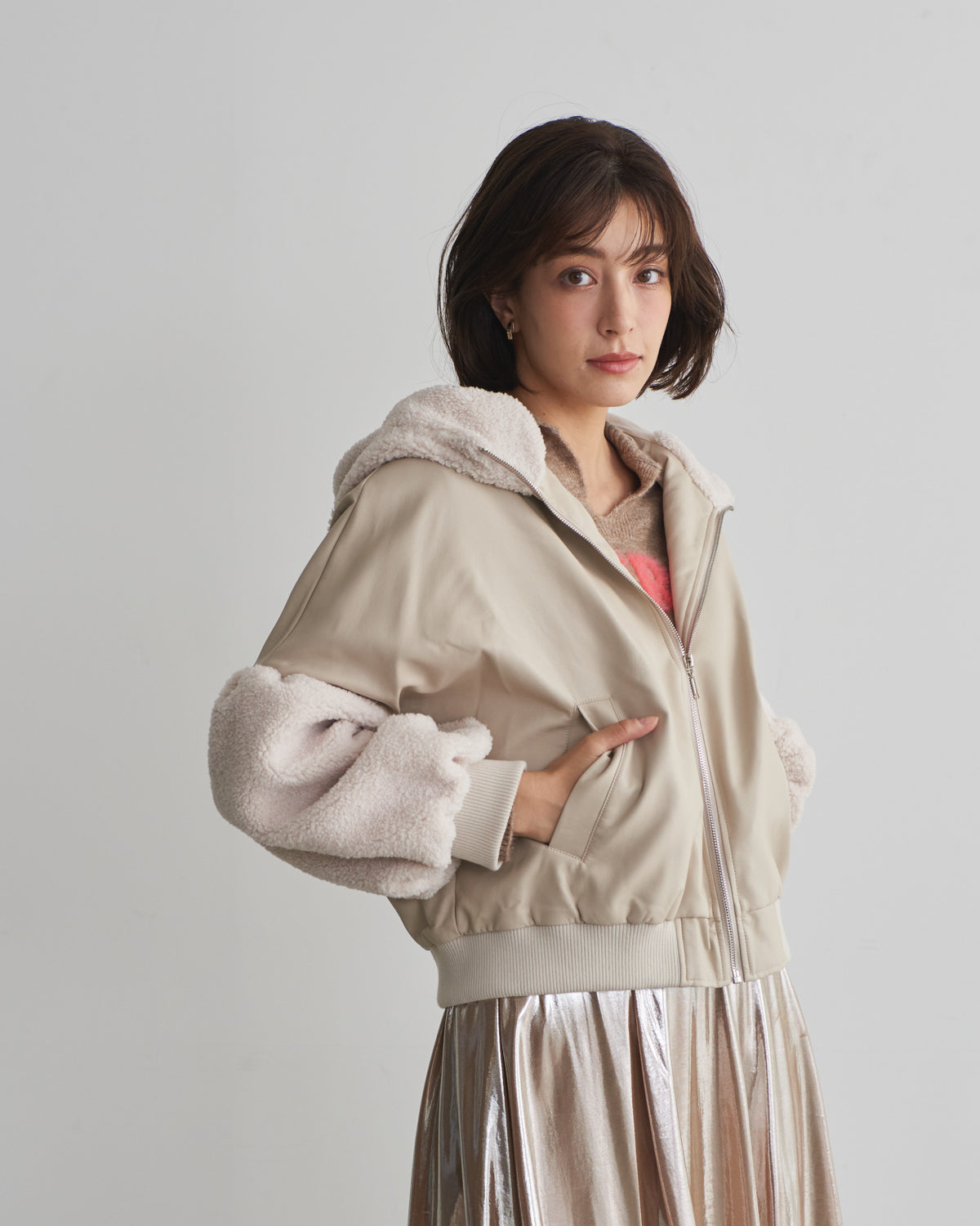 synthetic leather x boa hood jacket