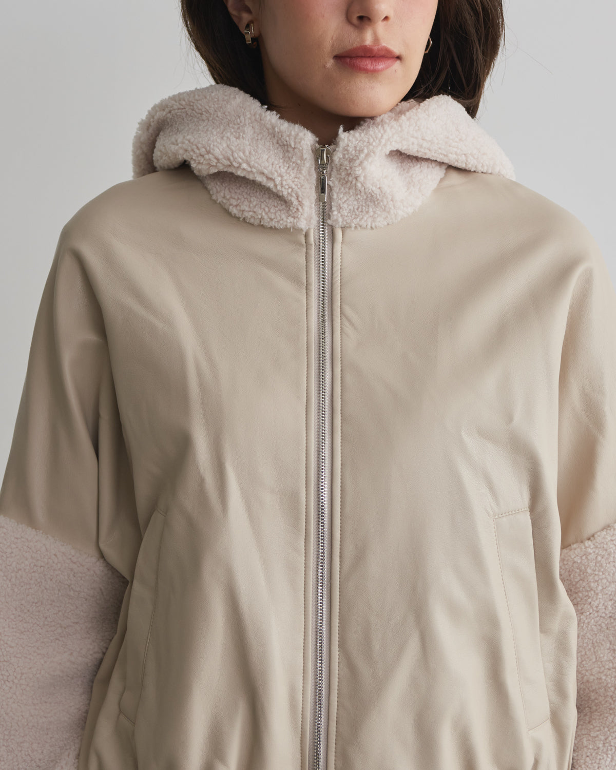synthetic leather x boa hood jacket