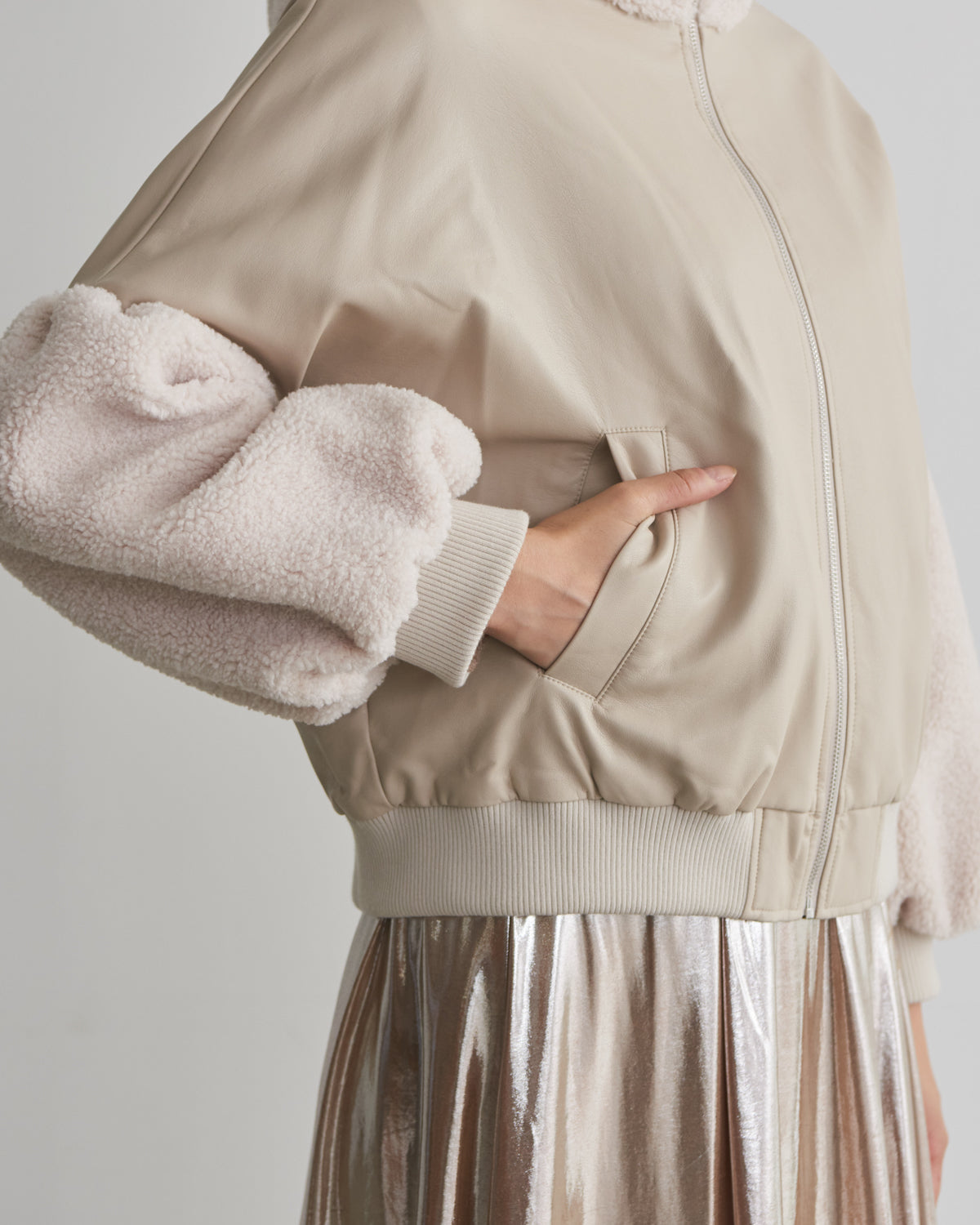 synthetic leather x boa hood jacket