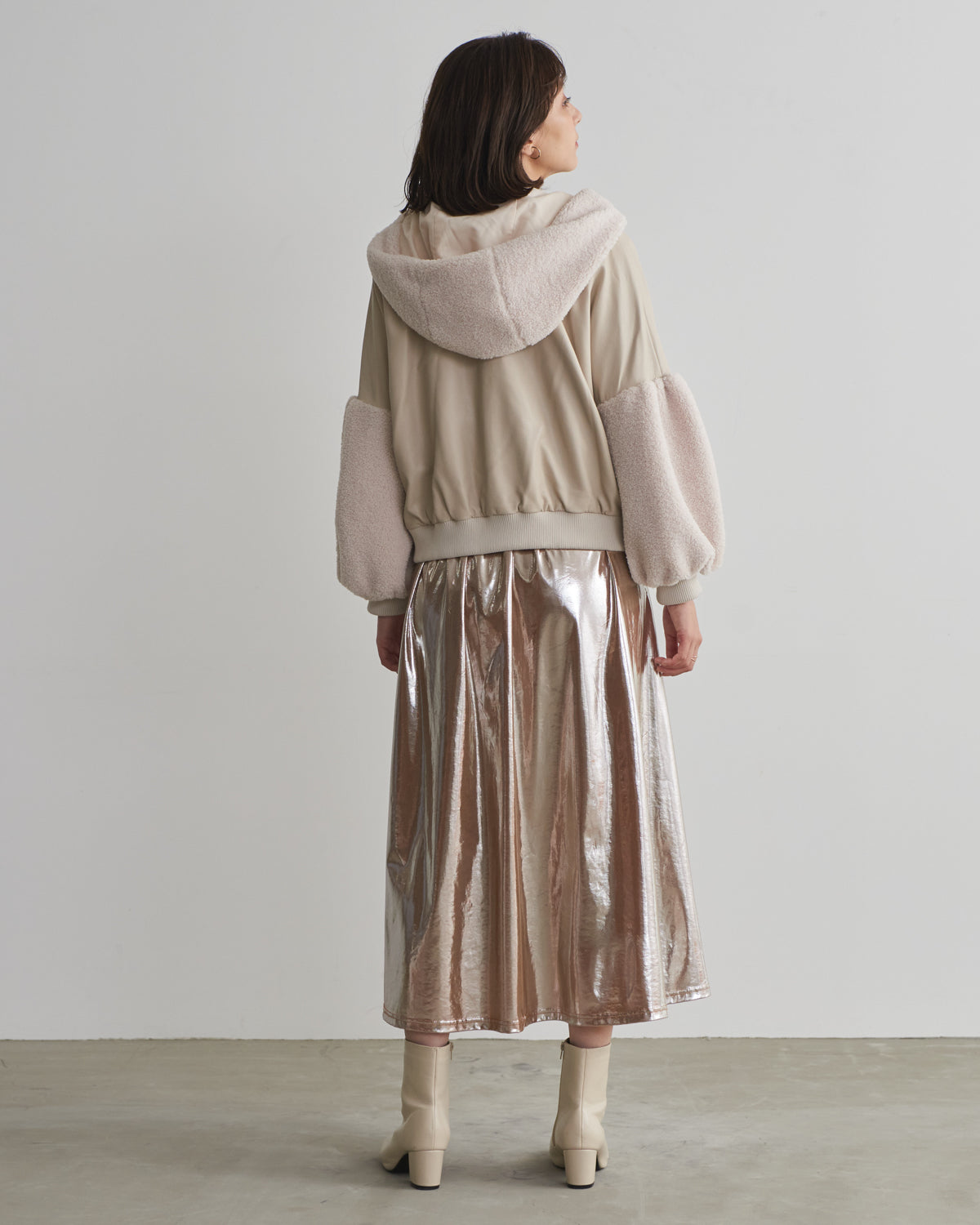 synthetic leather x boa hood jacket