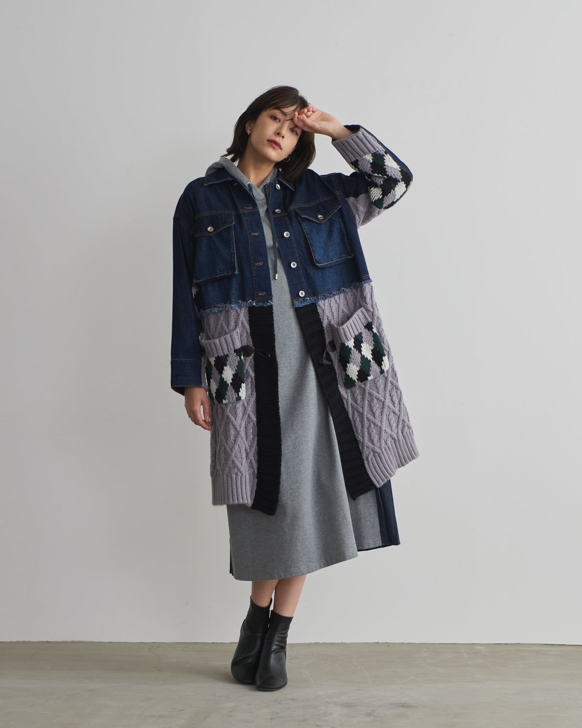 denim x knit cardigan
