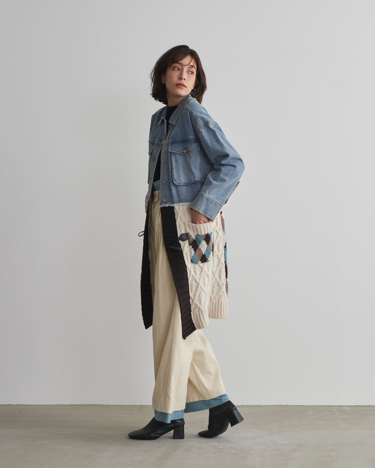 denim x knit cardigan