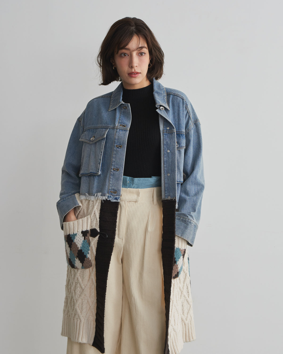 denim x knit cardigan