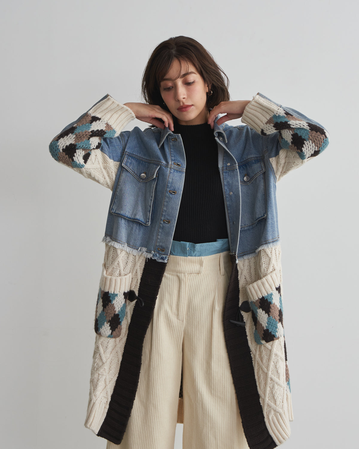 denim x knit cardigan