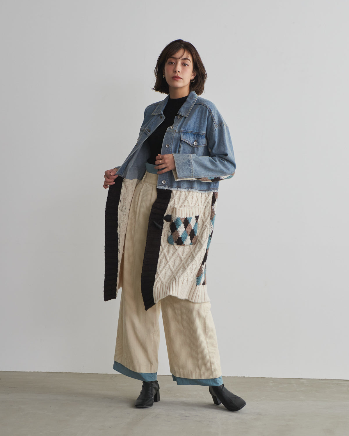 denim x knit cardigan