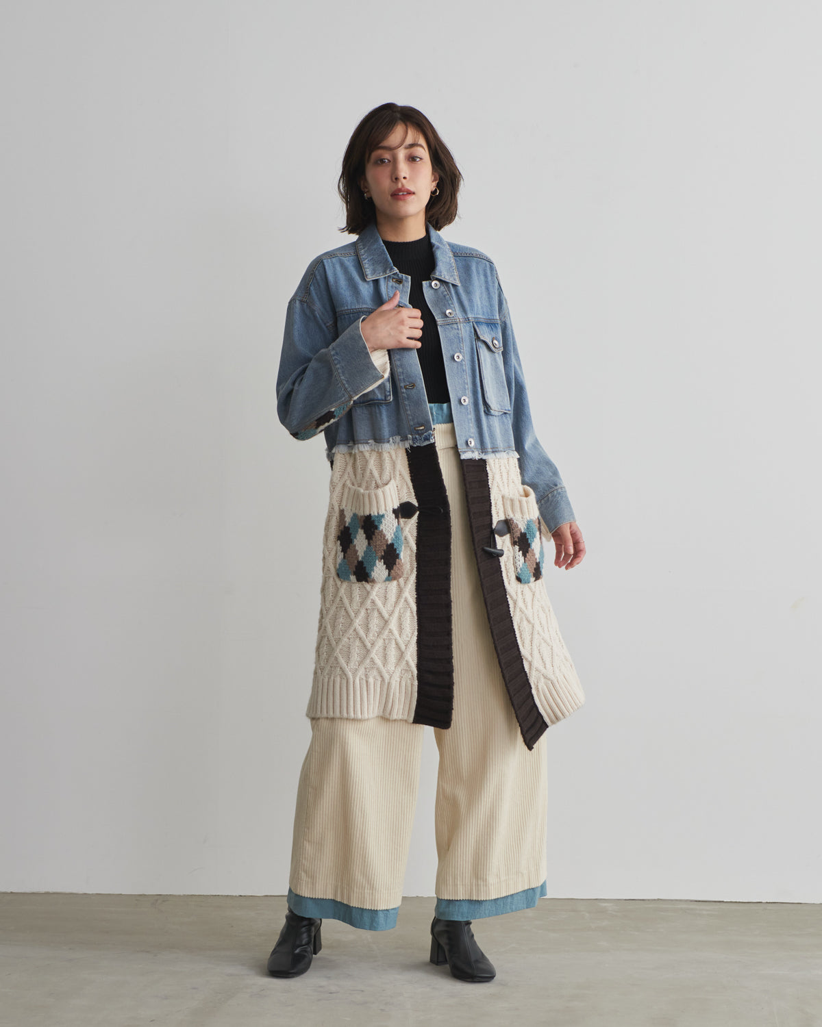 denim x knit cardigan