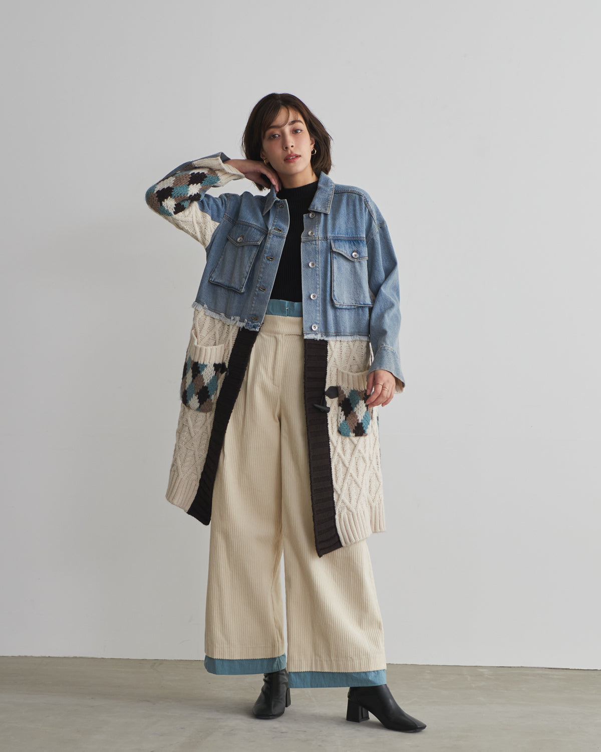 denim x knit cardigan