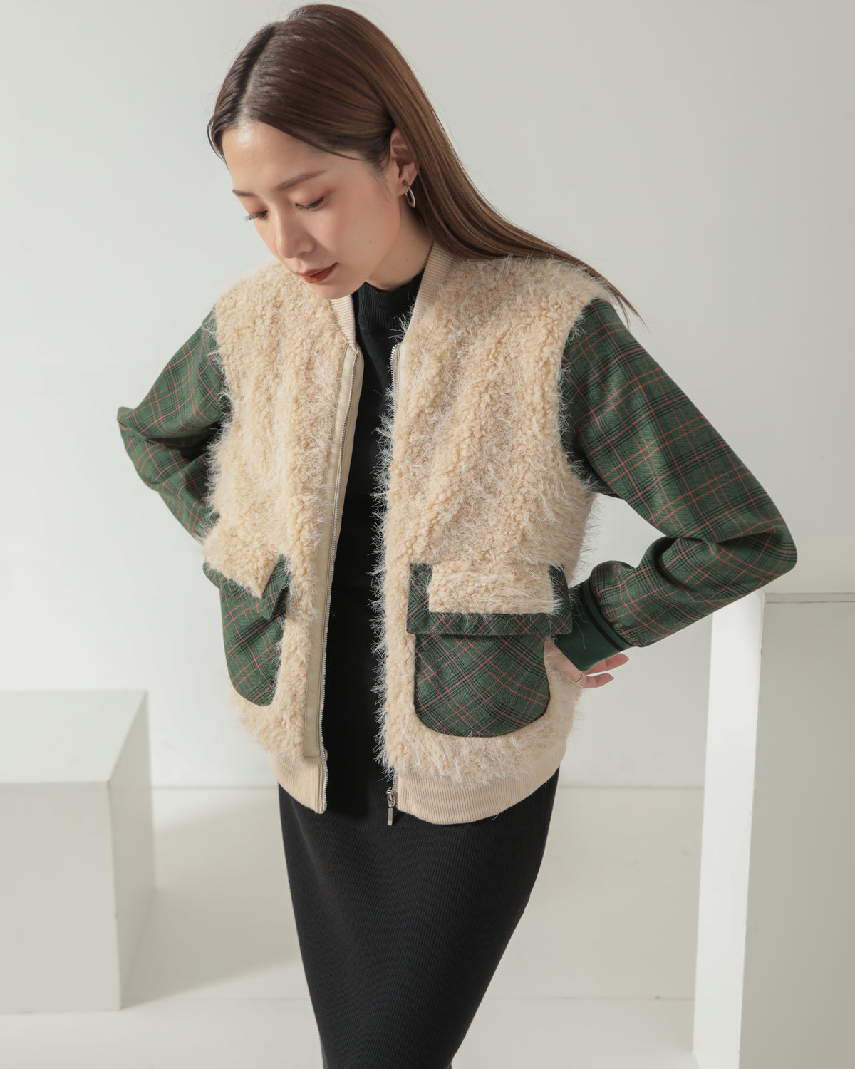 boa×check pattern jacket