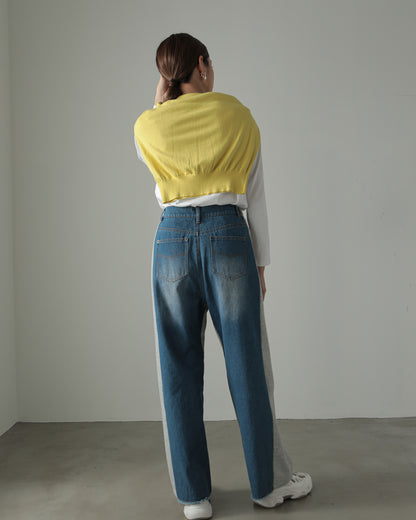 by color Different material denim pants