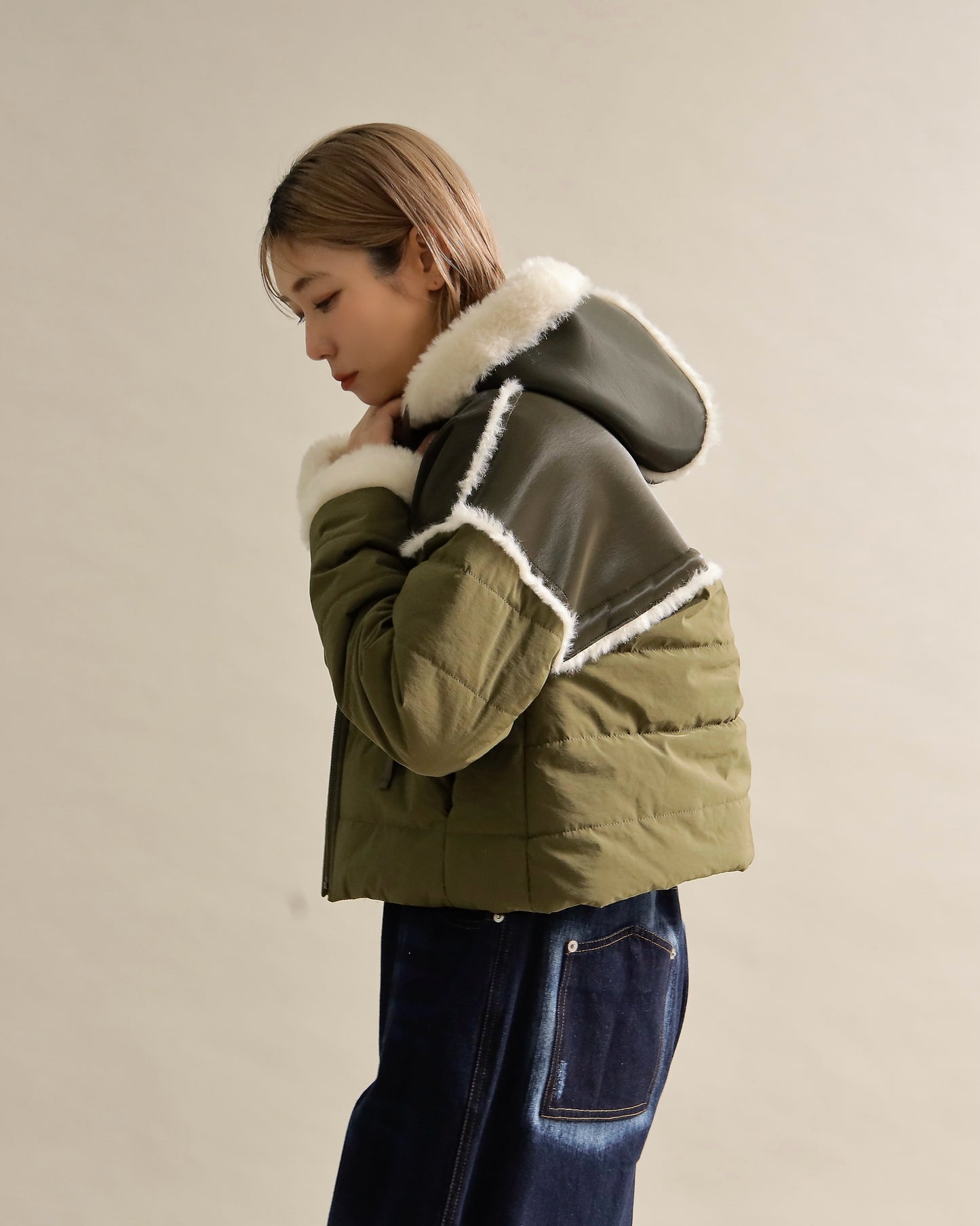 フェイクファートリムショートダウン