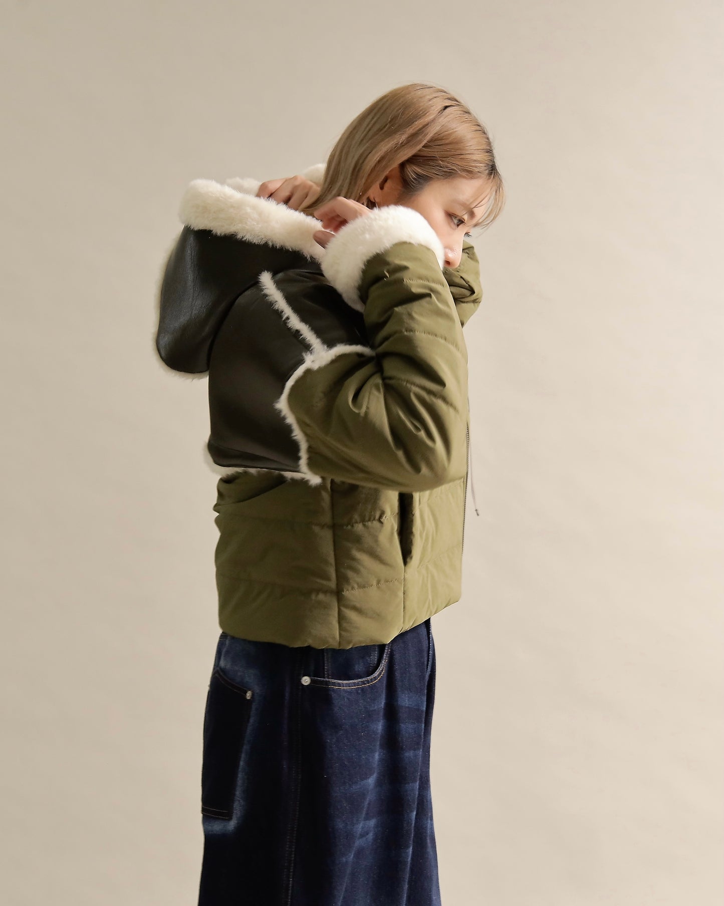 フェイクファートリムショートダウン