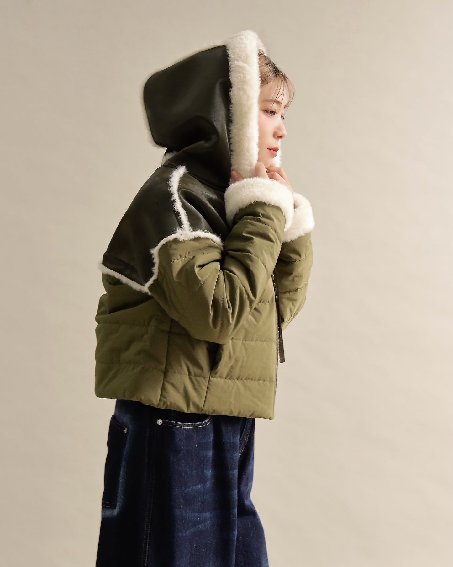 フェイクファートリムショートダウン