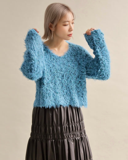 ふわシャギーVネックショートニット
